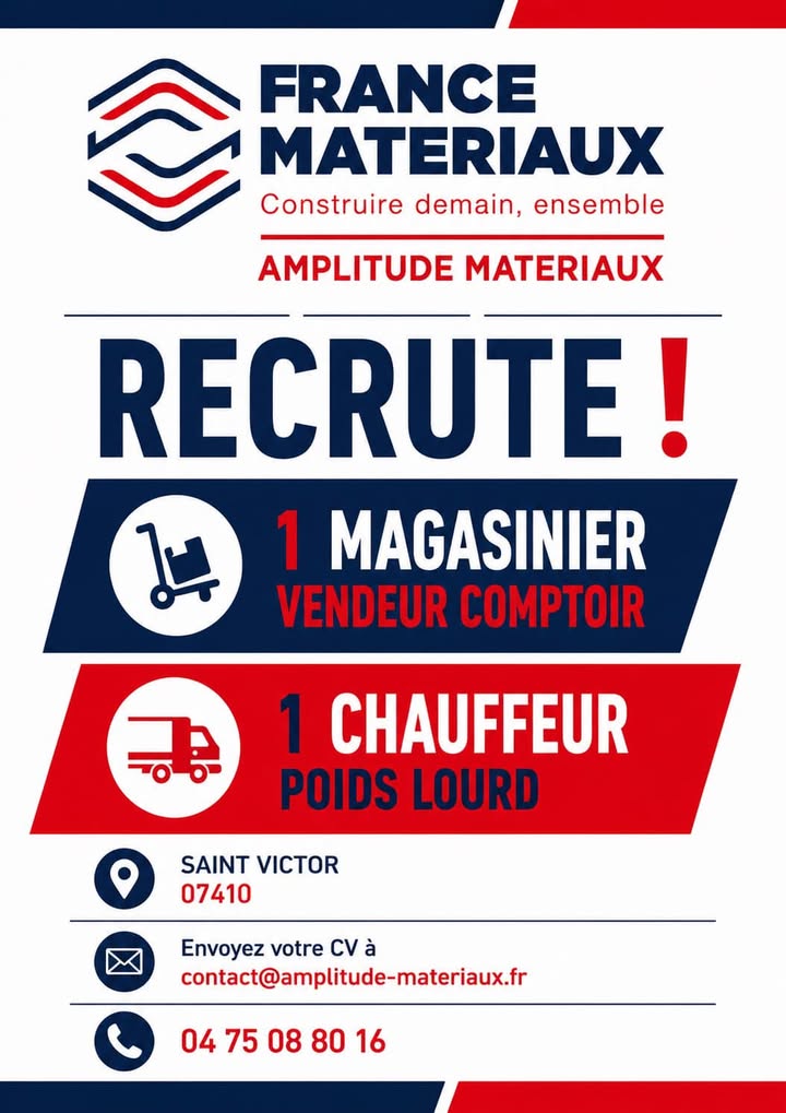 Amplitude Matériaux Saint Victor recrute 1 magasinier et 1 chauffeur poids lourds…